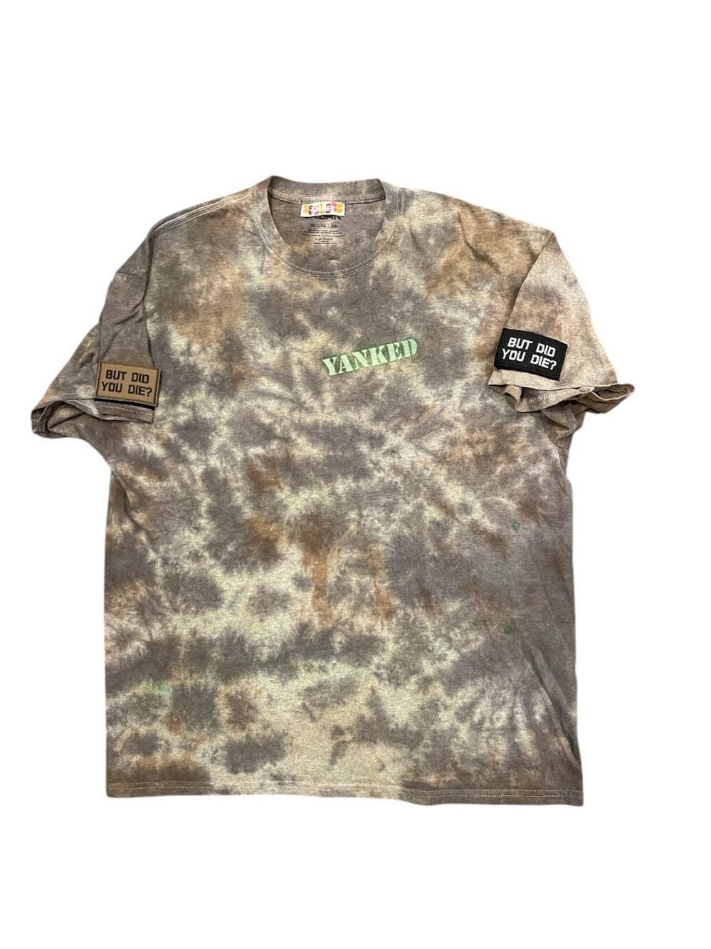 STONES XL brown/grey/green tie dyed shortsleeved rip off badges graphic tshirt